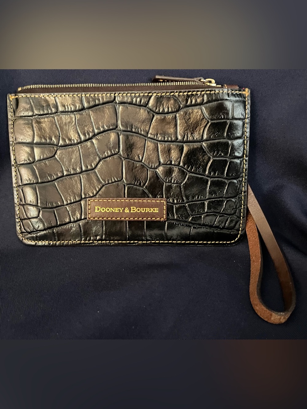 Dooney & Bourke Black Croc-Embossed Leather Wristlet with Gold Logo